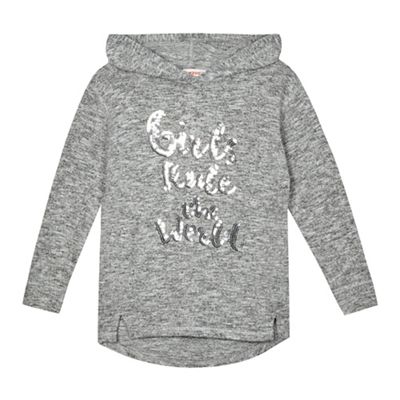 Girls' grey sequinned 'Girls rule the world' hooded jumper